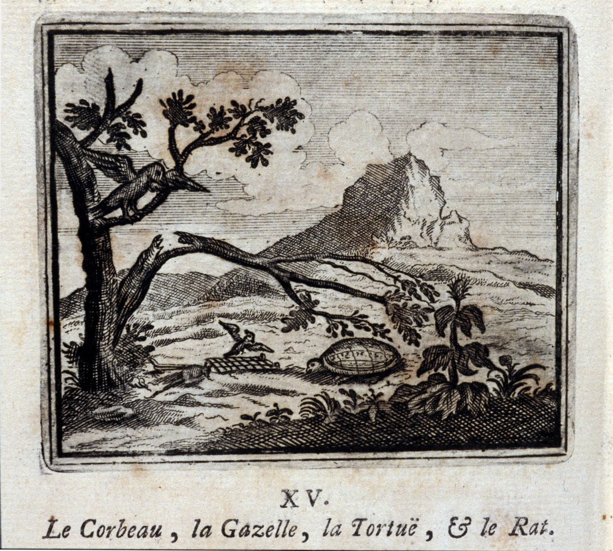 Korppi, gaselli, kilpikonna ja rotta. Jean de La Fontainen (1621-95) sadut. Kuvitus: François Chauveau (1613-1676). Painos vuodelta 1728. tekijältä Francois Chauveau