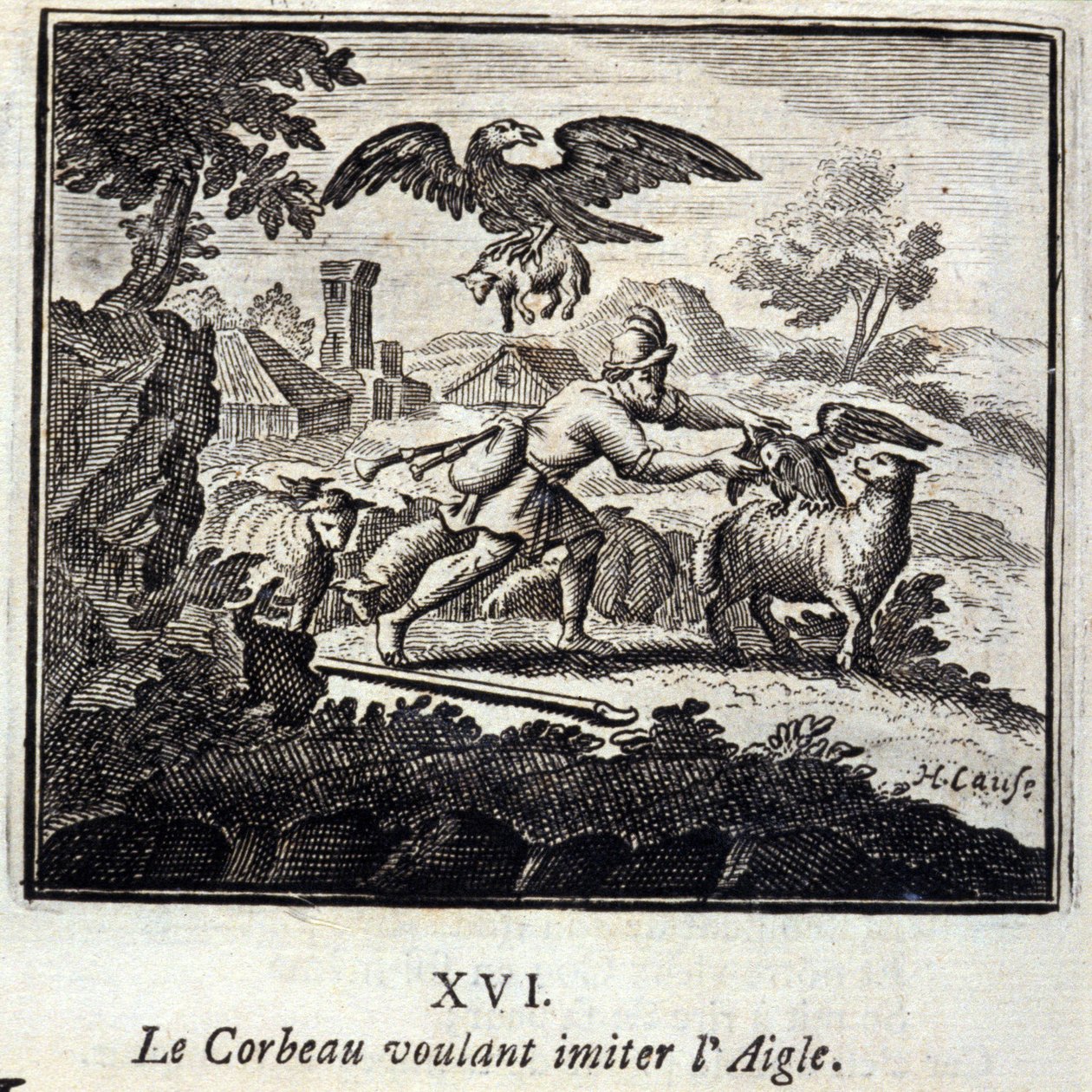 Korppi haluaa matkia kotkaa. Jean de La Fontainen (1621-95) sadut. Kuvitus: François Chauveau (1613-1676). Painos vuodelta 1728. tekijältä Francois Chauveau