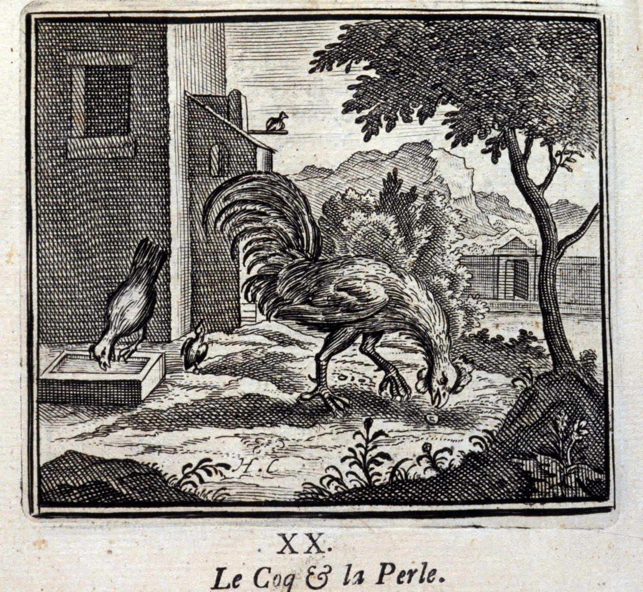 Kukko ja helmi. Jean de La Fontainen (1621-95) sadut. Kuvitus: François Chauveau (1613-1676). Painos vuodelta 1728. tekijältä Francois Chauveau