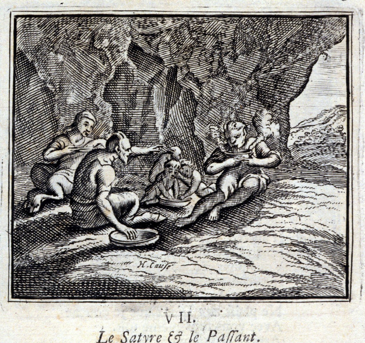 Satyyri ja matkustaja. Jean de La Fontainen (1621-95) sadut. Kuvitus: François Chauveau (1613-1676). Painos vuodelta 1728. tekijältä Francois Chauveau