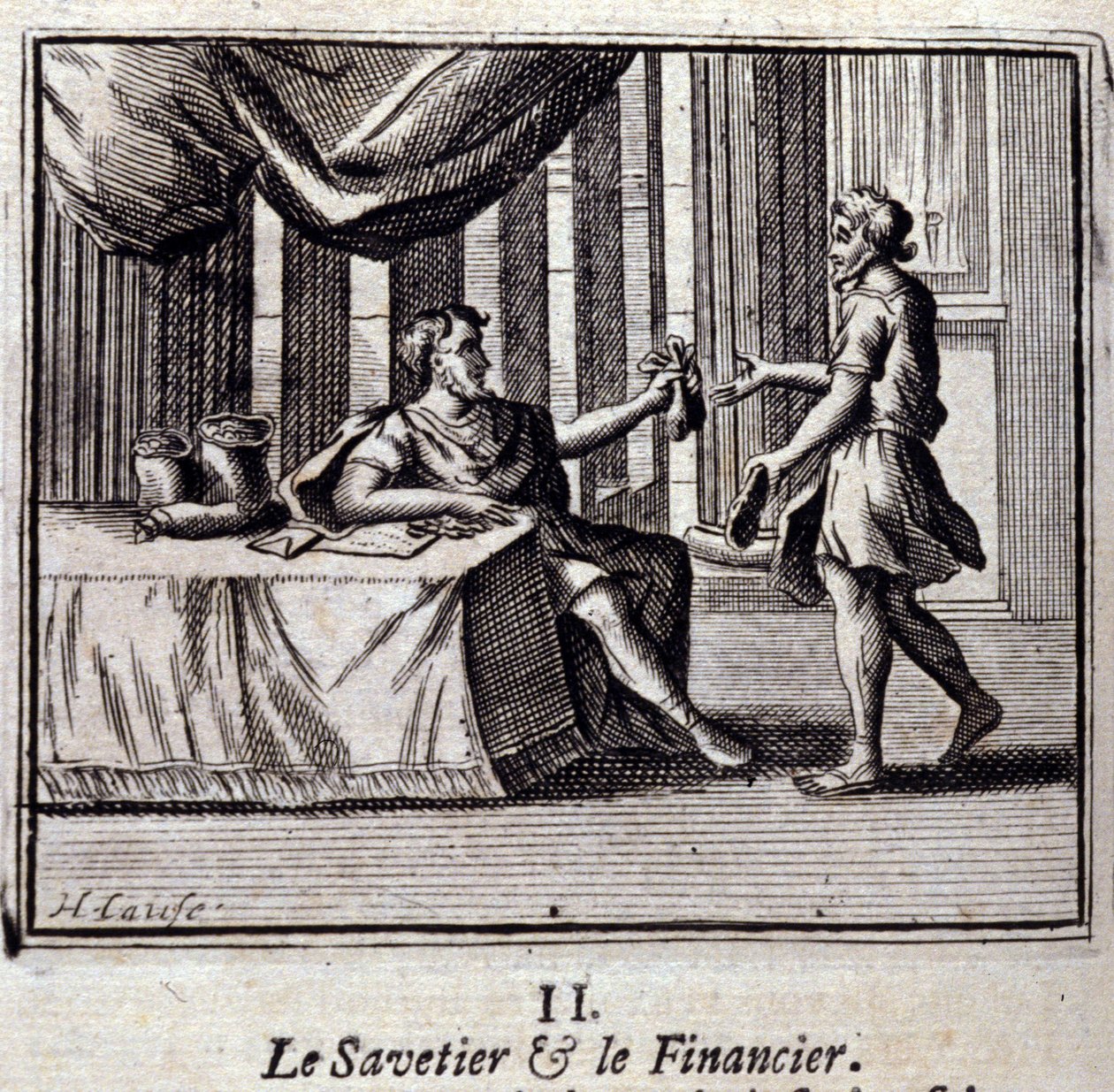 Savetier ja Finder. Jean de La Fontainen (1621-95) sadut. Kuvitus: François Chauveau (1613-1676). Painos vuodelta 1728. tekijältä Francois Chauveau