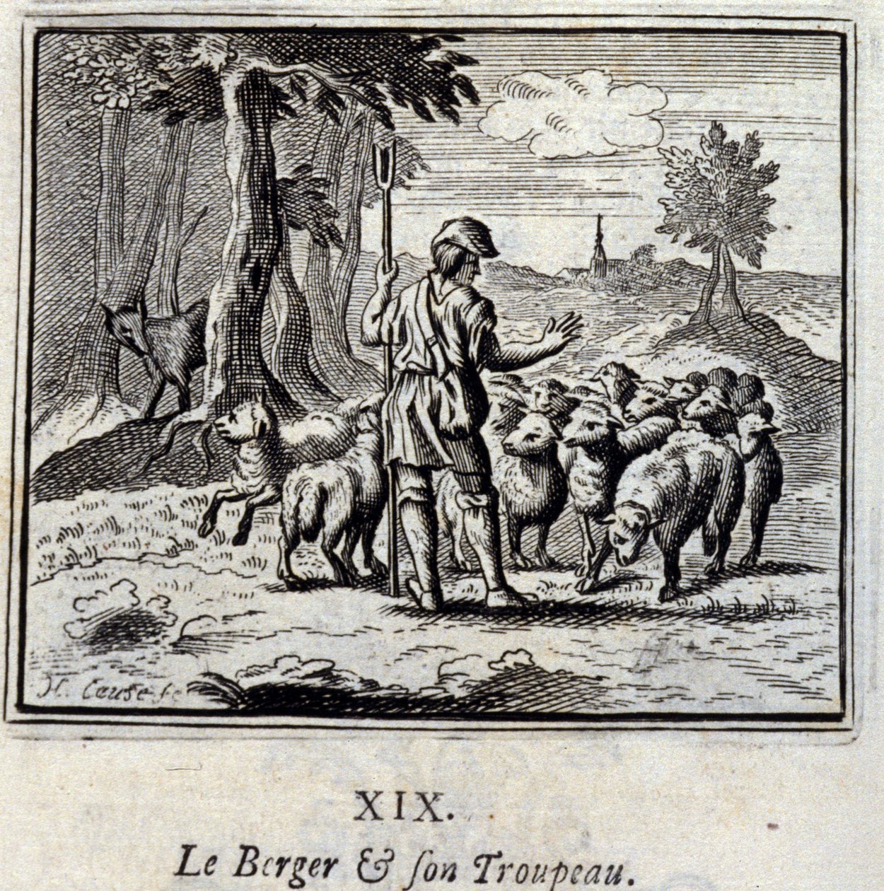 Paimen ja hänen laumansa. Jean de La Fontainen (1621-95) sadut. Kuvitus: François Chauveau (1613-1676). Painos vuodelta 1728. tekijältä Francois Chauveau