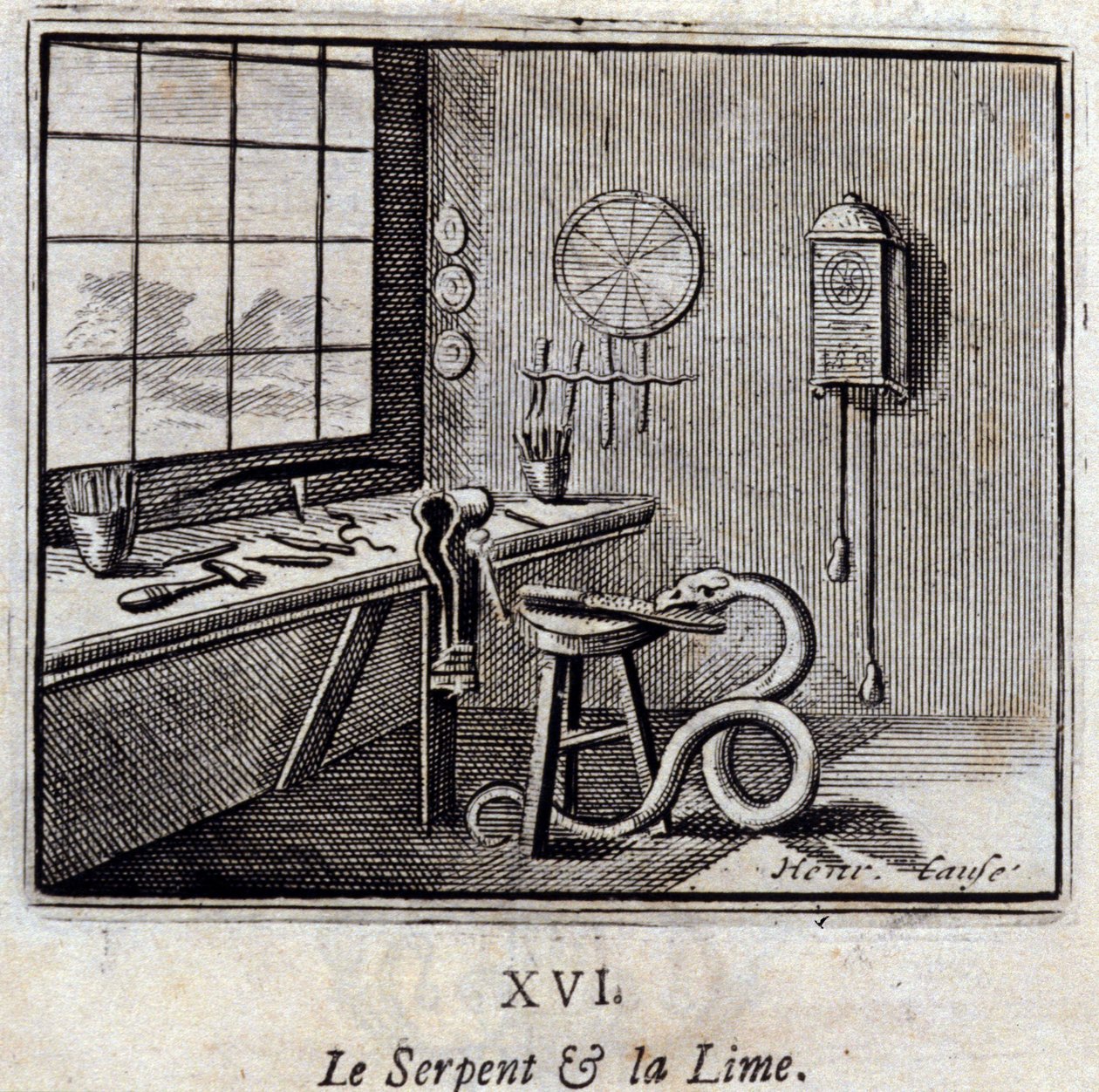 Käärme ja kalkki. Jean de La Fontainen (1621-95) tarinoita. Kuvitus: Francois Chauveau (1613-1676). Painos vuodelta 1728. tekijältä Francois Chauveau
