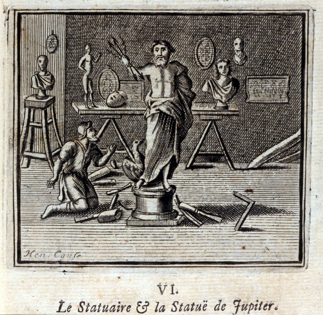 Patsas ja Jupiterin patsas. Jean de La Fontainen (1621-95) sadut. Kuvitus: François Chauveau (1613-1676). Painos vuodelta 1728. tekijältä Francois Chauveau