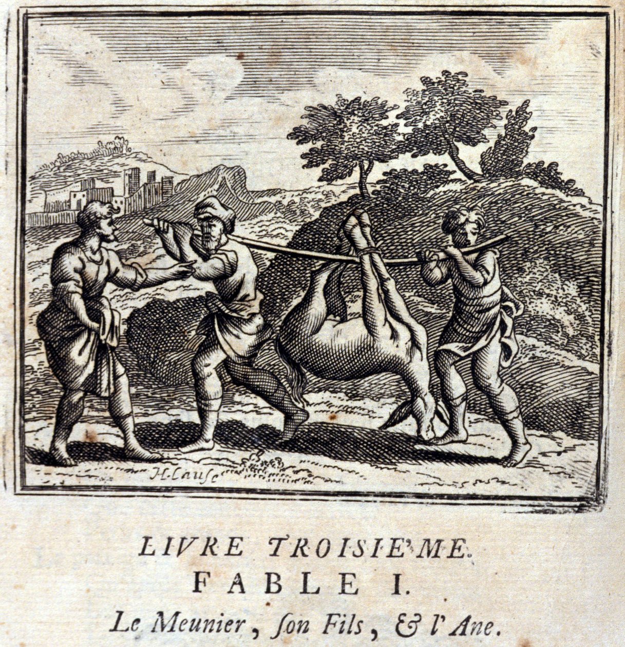 Sucker hänen poikansa ja aasi. Jean de La Fontainen (1621-95) sadut. Kuvitus: François Chauveau (1613-1676). Painos vuodelta 1728. tekijältä Francois Chauveau
