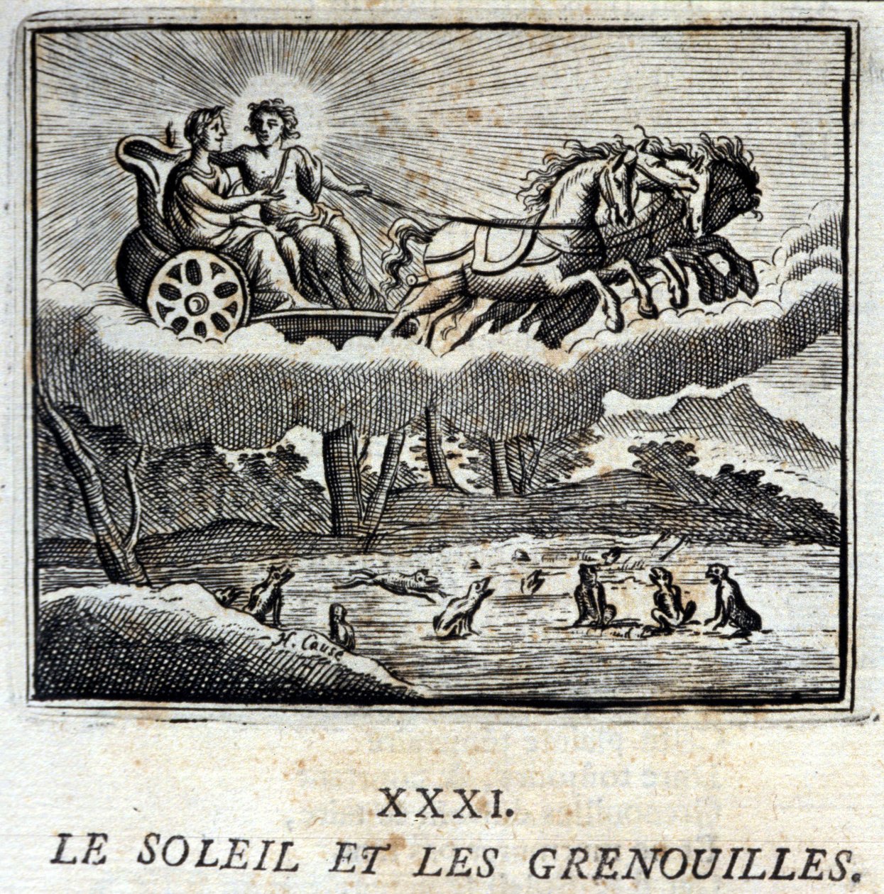Aurinko ja sammakot. Jean de La Fontainen (1621-95) sadut. Kuvitus: François Chauveau (1613-1676). Painos vuodelta 1728. tekijältä Francois Chauveau
