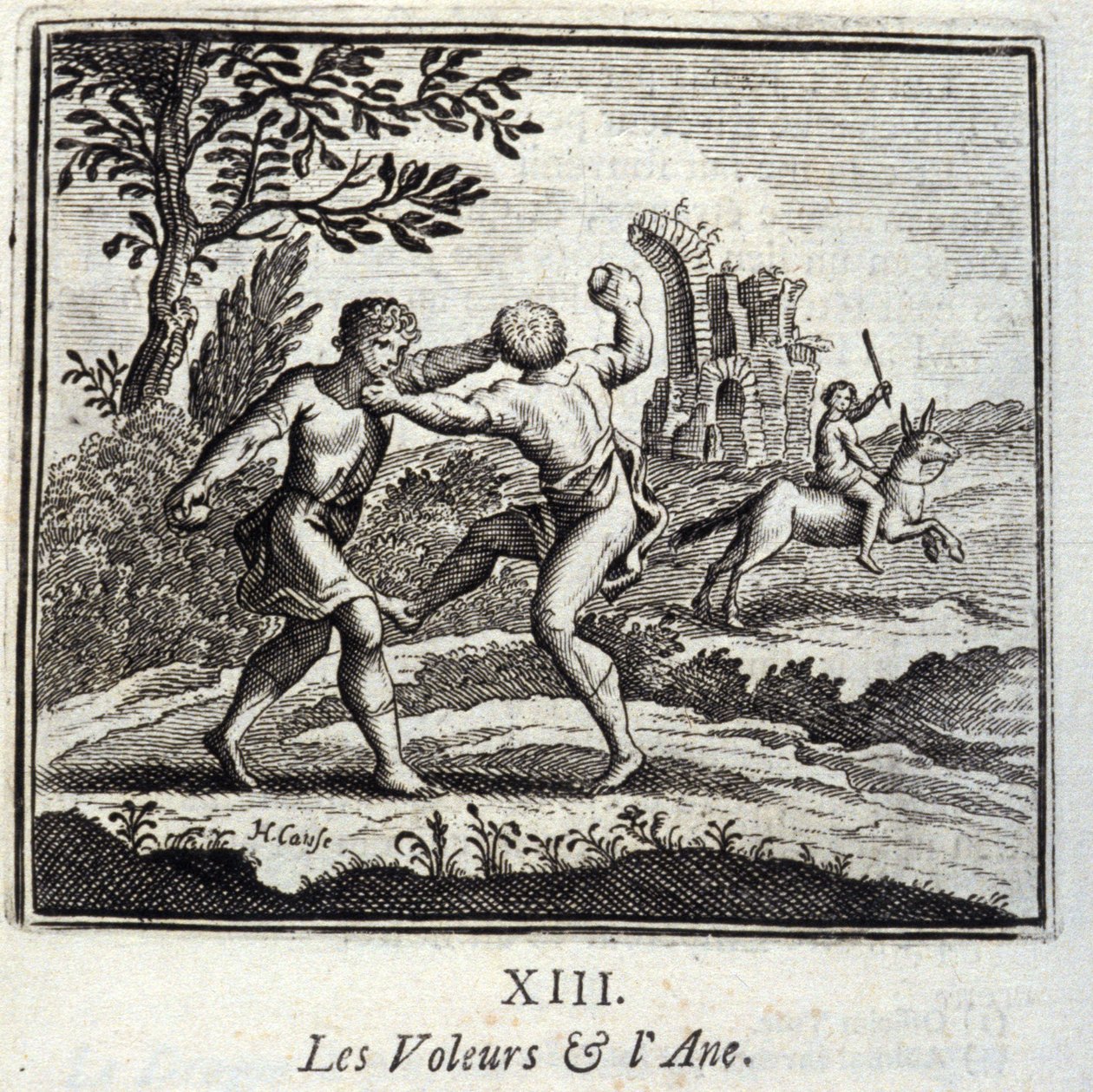 Jean de La Fontainen (1621-95) The Thieves and the Ane.Fables. Kuvitus: Francois Chauveau (1613-1676). Painos vuodelta 1728. tekijältä Francois Chauveau