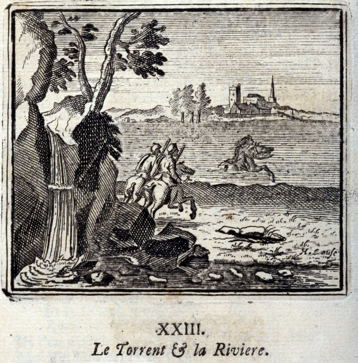 Torrent ja Riviere. Jean de La Fontainen (1621-95) sadut. Kuvitus: Francois Chauveau (1613-1676). Painos vuodelta 1728. tekijältä Francois Chauveau