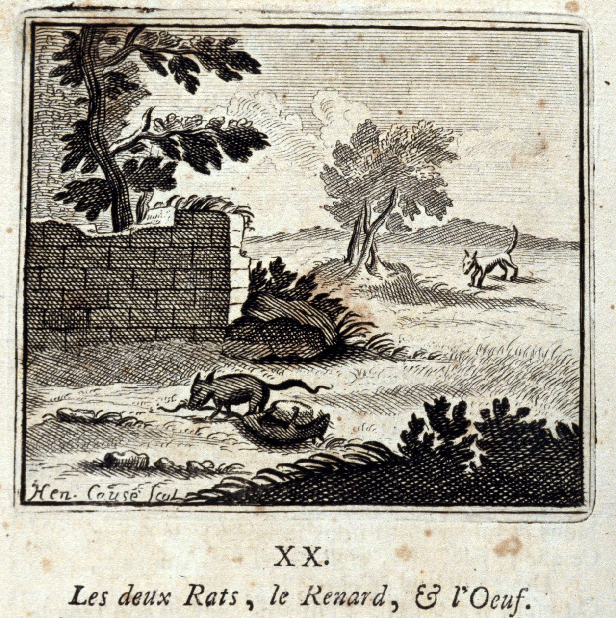 Kaksi rotta, kettu ja muna. Jean de La Fontainen (1621-95) sadut. Kuvitus: François Chauveau (1613-1676). Painos vuodelta 1728. tekijältä Francois Chauveau