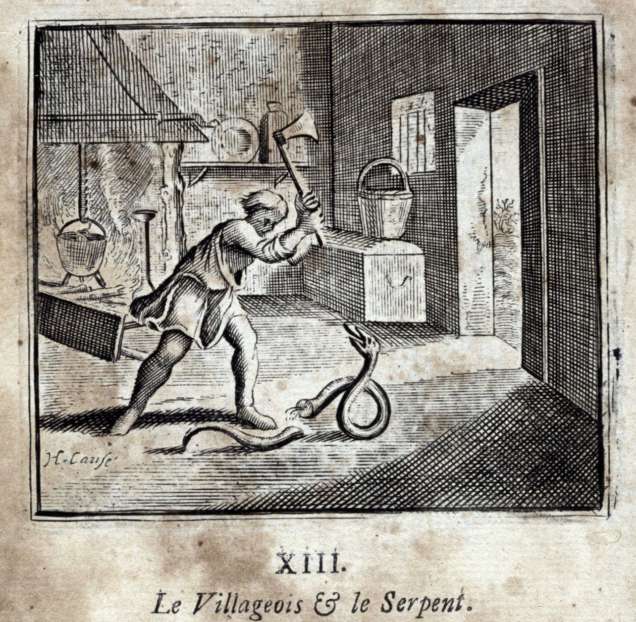Kyläläinen ja käärme. Jean de La Fontainen (1621-95) sadut. Kuvitus: François Chauveau (1613-1676). Painos vuodelta 1728. tekijältä Francois Chauveau