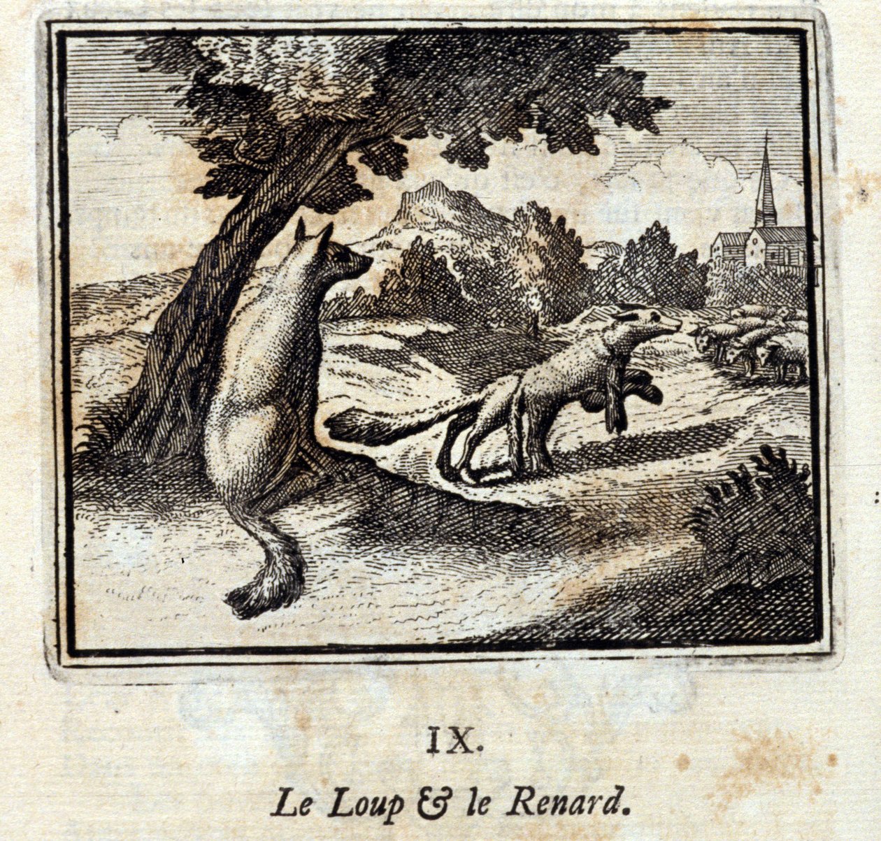 Susi ja kettu. Jean de La Fontainen (1621-95) sadut. Kuvitus: François Chauveau (1613-1676). Painos vuodelta 1728. tekijältä Francois Chauveau