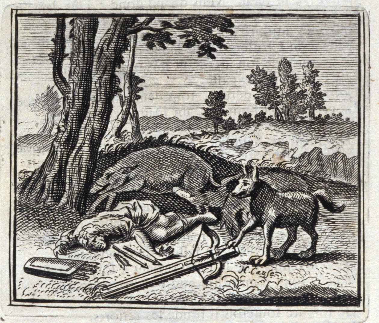 Susi ja metsästäjä. Jean de La Fontainen (1621-95) sadut. Kuvitus: Francois Chauveau (1613-1676). Painos vuodelta 1728. tekijältä Francois Chauveau