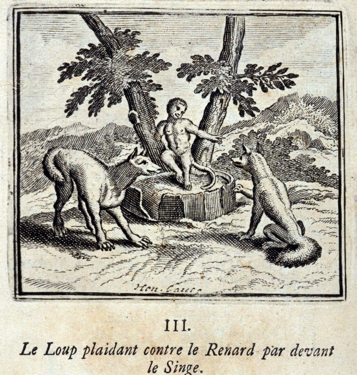 Susi vetoaa Kettua vastaan Apinan edessä. Jean de La Fontainen (1621-95) sadut. Kuvitus: François Chauveau (1613-1676). Painos vuodelta 1728. tekijältä Francois Chauveau