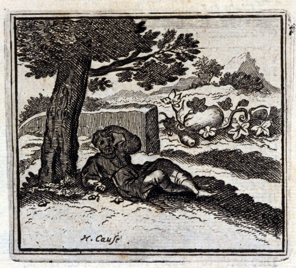 Tammenterho ja kurpitsa. Jean de La Fontainen (1621-95) sadut. Kuvitus: François Chauveau (1613-1676). Painos vuodelta 1728. tekijältä Francois Chauveau