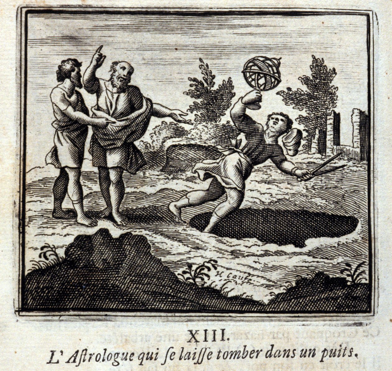 Astrologi, joka putoaa kaivoon. Jean de La Fontainen (1621-95) sadut. Kuvitus: François Chauveau (1613-1676). Painos vuodelta 1728. tekijältä Francois Chauveau