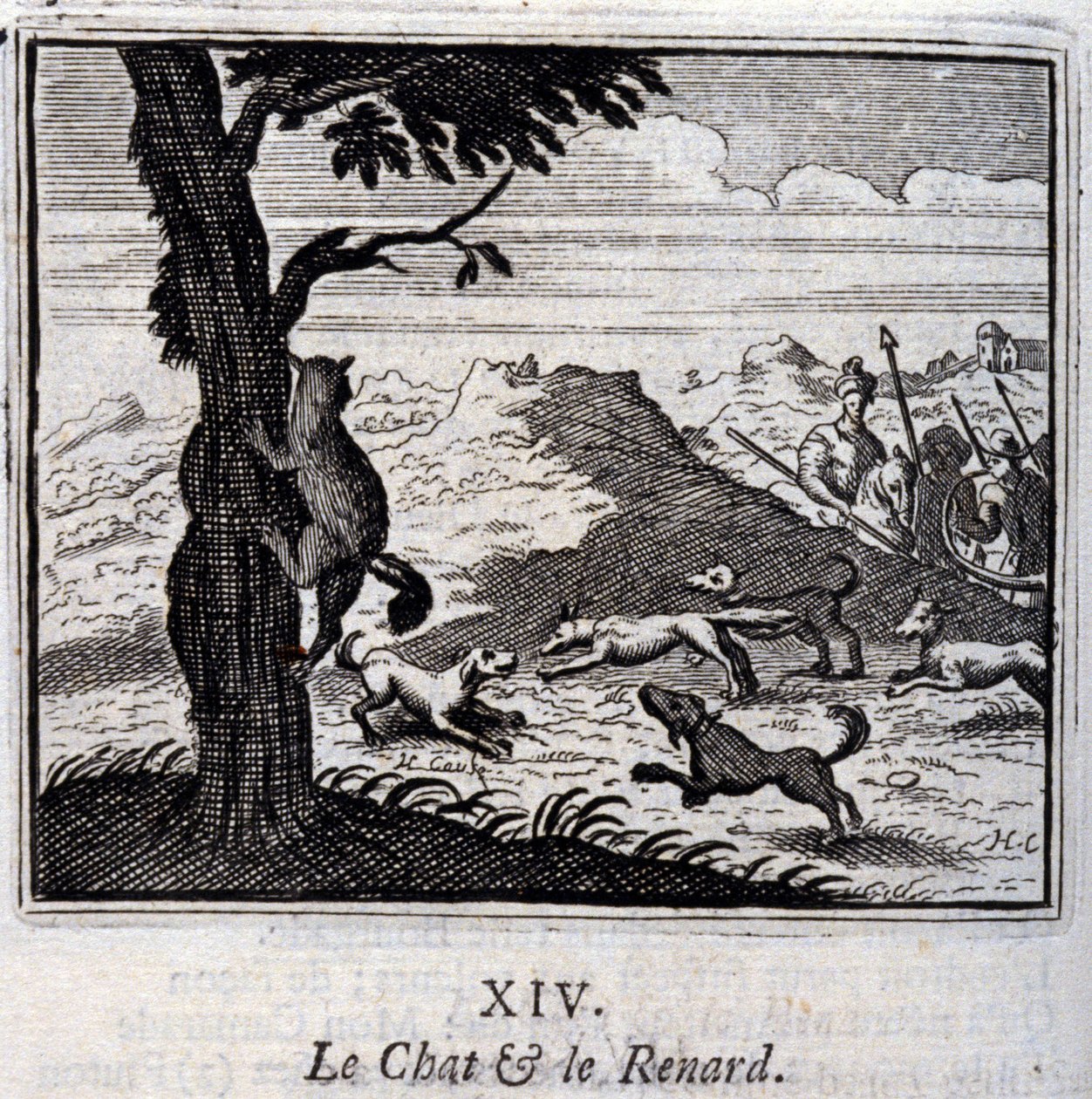 Kissa ja kettu. Jean de La Fontainen (1621-95) satuja. Kuvitus: François Chauveau (1613-1676). Painos vuodelta 1728. tekijältä Francois Chauveau