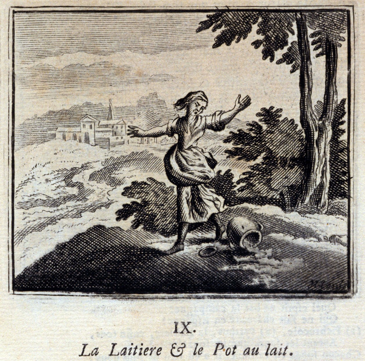 Meijeri ja maitopurkki. Jean de La Fontainen (1621-95) sadut. Kuvitus: François Chauveau (1613-1676). Painos vuodelta 1728. tekijältä Francois Chauveau