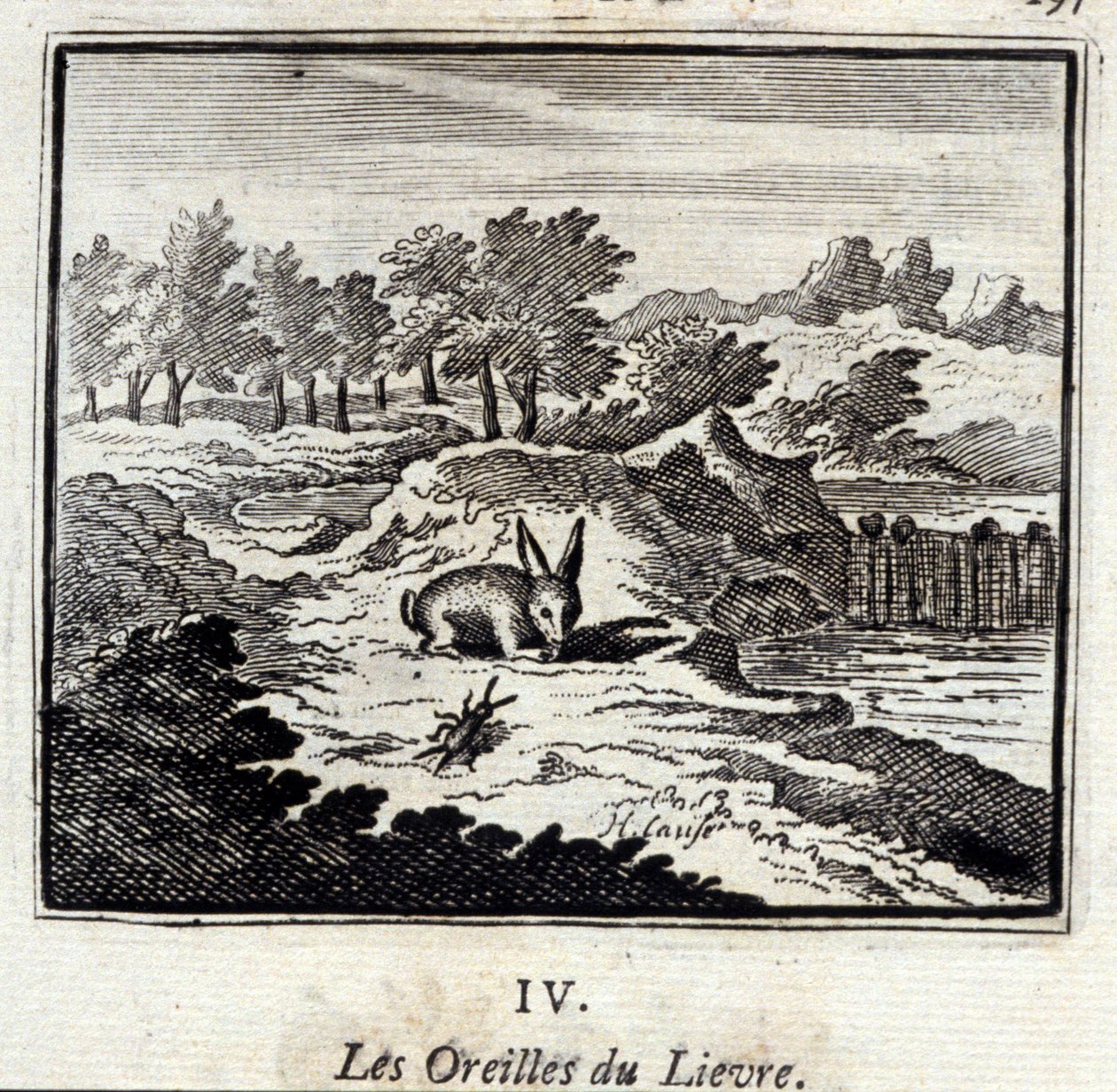Lievren korvat. Jean de La Fontainen (1621-95) sadut. Kuvitus: François Chauveau (1613-1676). Painos vuodelta 1728. tekijältä Francois Chauveau