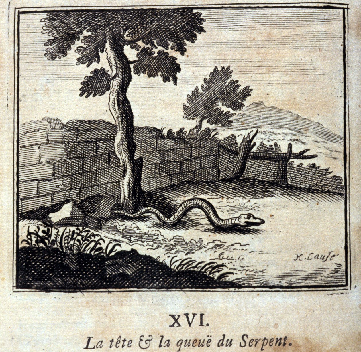 Käärmeen pää ja häntä. Jean de La Fontainen (1621-95) sadut. Kuvitus: François Chauveau (1613-1676). Painos vuodelta 1728. tekijältä Francois Chauveau