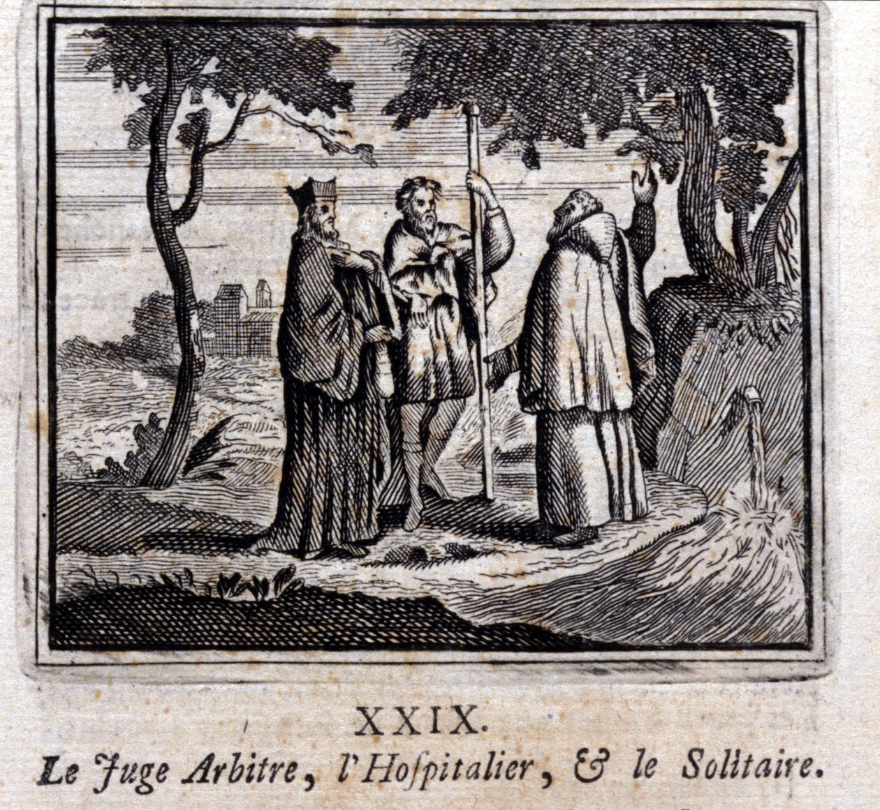 Tuomari tuomitsee Hospitallerin ja Solitairen. Jean de La Fontainen (1621-95) sadut. Kuvitus: Francois Chauveau (1613-1676). Painos vuodelta 1728. tekijältä Francois Chauveau