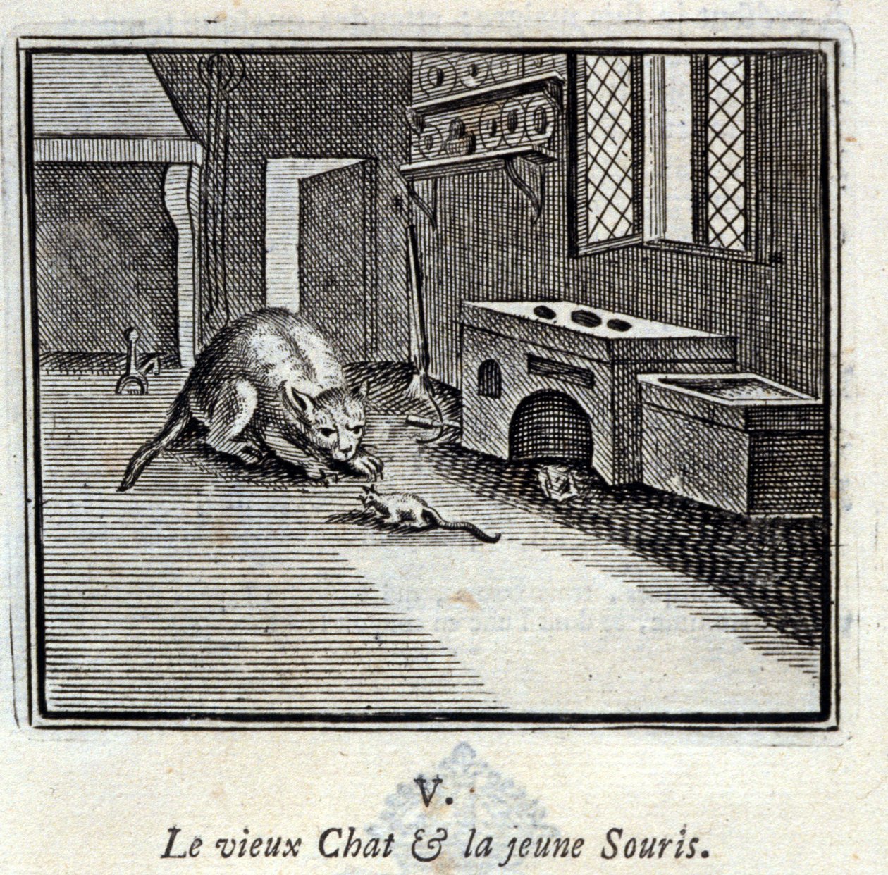 Vanha kissa ja nuori hiiri. Jean de La Fontainen (1621-95) sadut. Kuvitus: François Chauveau (1613-1676). Painos vuodelta 1728. tekijältä Francois Chauveau