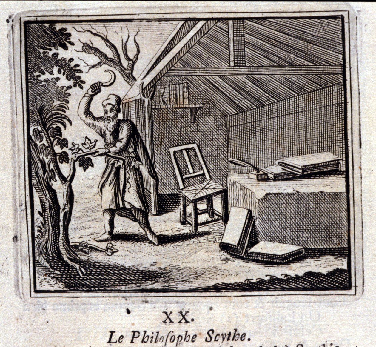 Filosofi Scythe. Jean de La Fontainen (1621-95) sadut. Kuvitus: François Chauveau (1613-1676). Painos vuodelta 1728. tekijältä Francois Chauveau