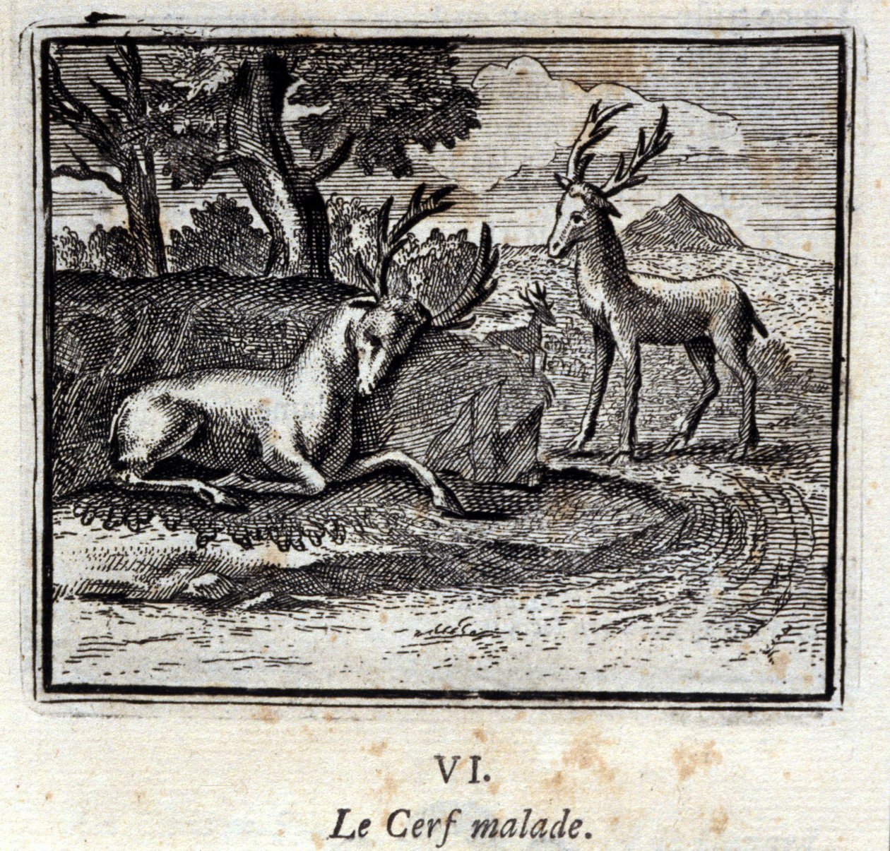 Sairas peura. Jean de La Fontainen (1621-95) sadut. Kuvitus: François Chauveau (1613-1676). Painos vuodelta 1728. tekijältä Francois Chauveau