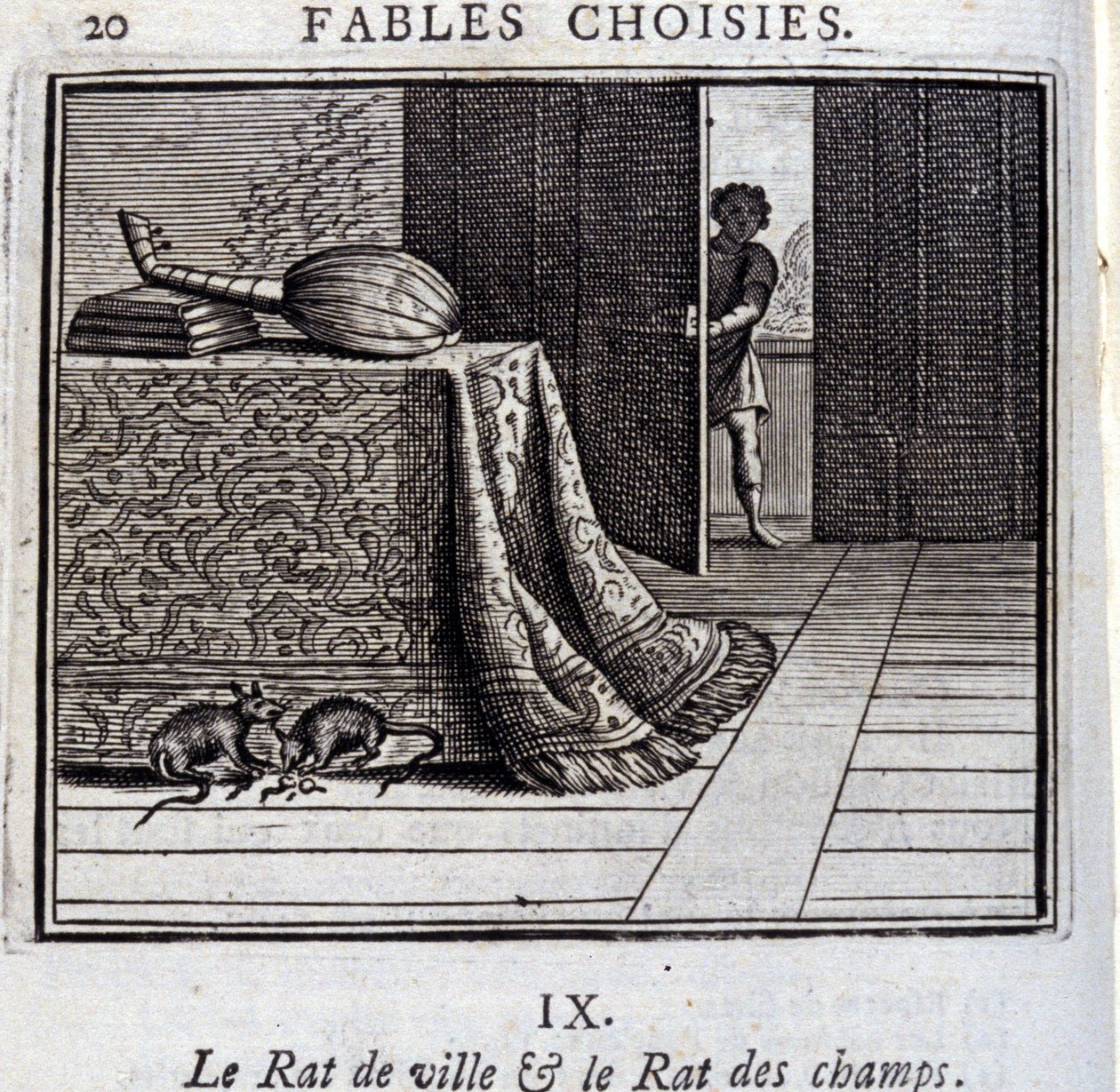 Kaupungin rotta ja kenttärotta. Jean de La Fontainen (1621-95) sadut. Kuvitus: François Chauveau (1613-1676). Painos vuodelta 1728. tekijältä Francois Chauveau