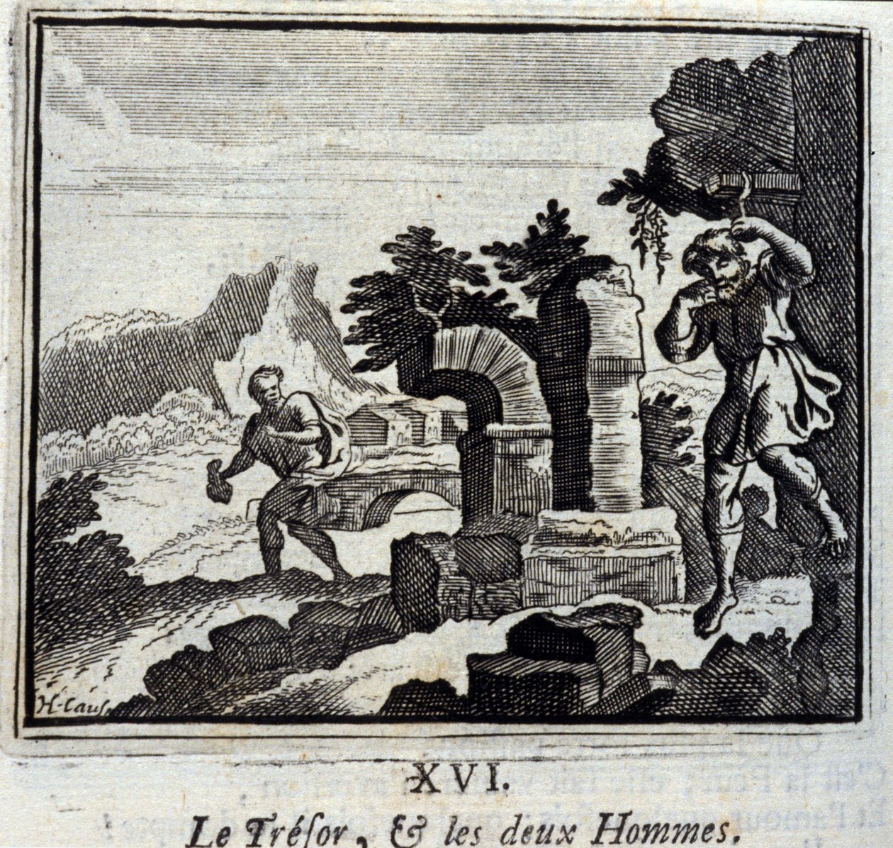 Valtionpetturi ja kaksi miestä. Jean de La Fontainen (1621-95) sadut. Kuvitus: François Chauveau (1613-1676). Painos vuodelta 1728. tekijältä Francois Chauveau