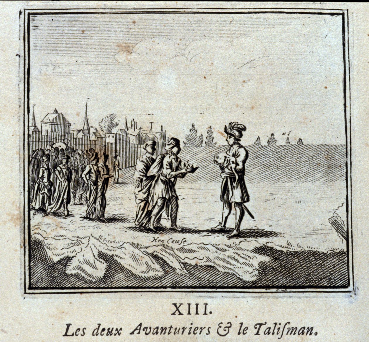 Kaksi seikkailijaa ja talisman. Jean de La Fontainen (1621-95) sadut. Kuvitus: François Chauveau (1613-1676). Painos vuodelta 1728. tekijältä Francois Chauveau