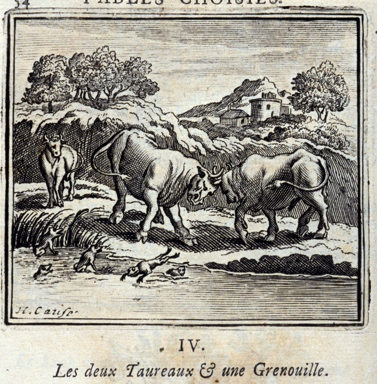 Kaksi härkää ja sammakko. Jean de La Fontainen (1621-95) sadut. Kuvitus: Francois Chauveau (1613-1676). Painos vuodelta 1728. tekijältä Francois Chauveau