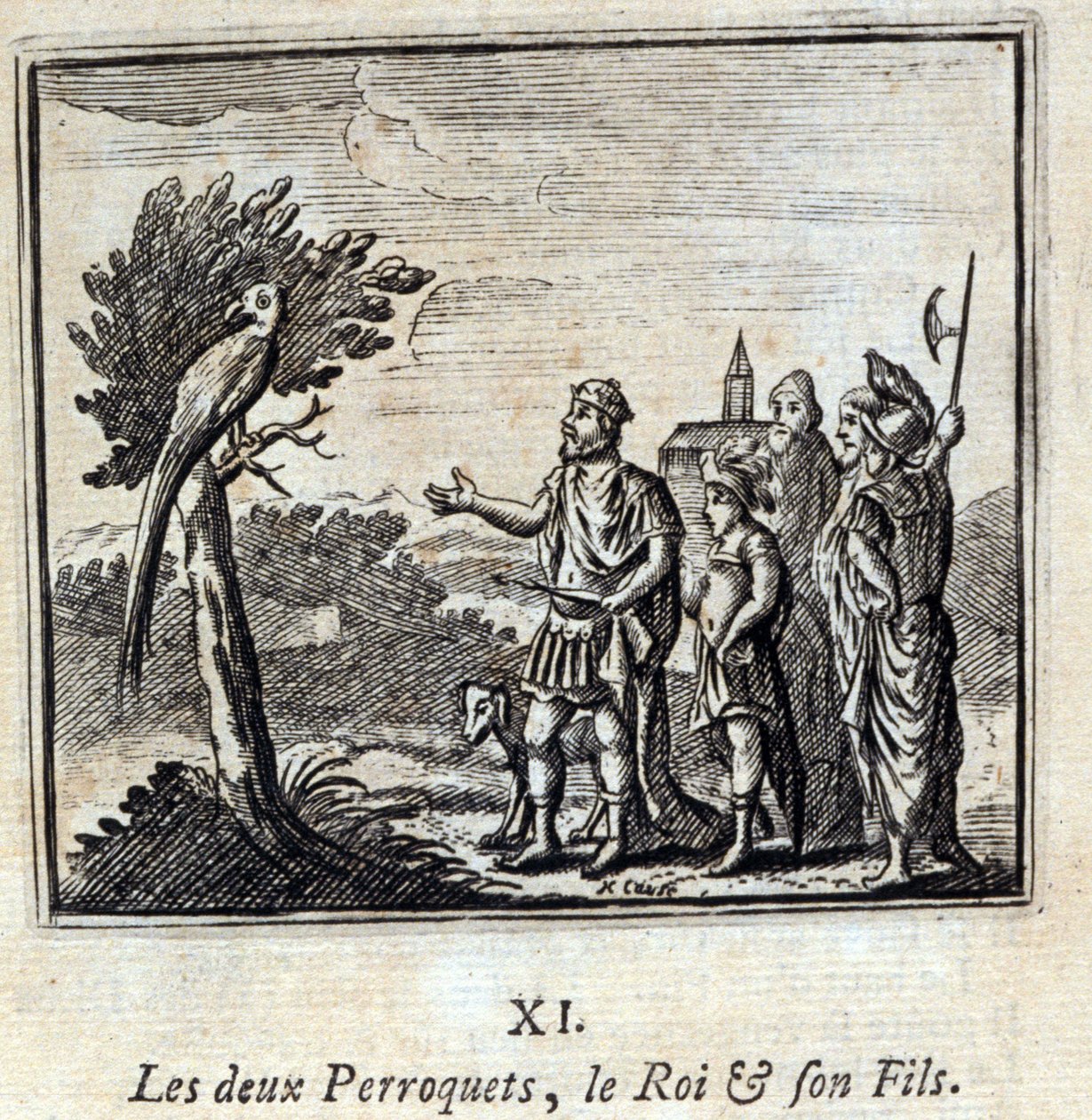 Kaksi papukaijaa kuningas ja hänen poikansa. Jean de La Fontainen (1621-95) sadut. Kuvitus: François Chauveau (1613-1676). Painos vuodelta 1728. tekijältä Francois Chauveau
