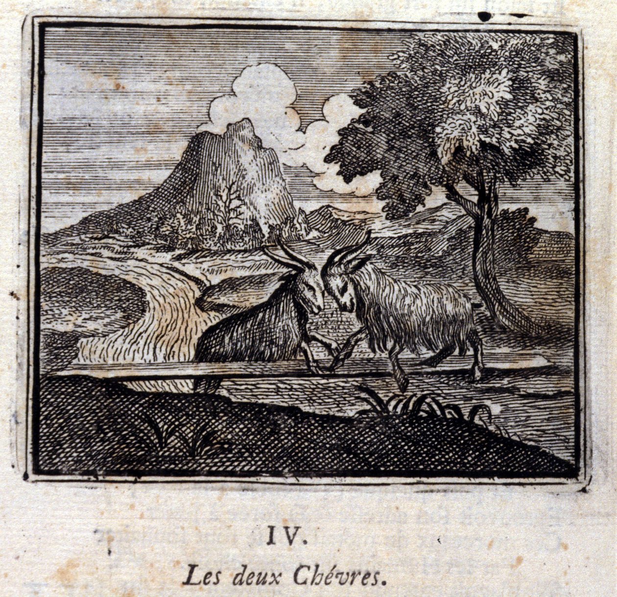 Kaksi vuohetta. Jean de La Fontainen (1621-95) sadut. Kuvitus: François Chauveau (1613-1676). Painos vuodelta 1728. tekijältä Francois Chauveau