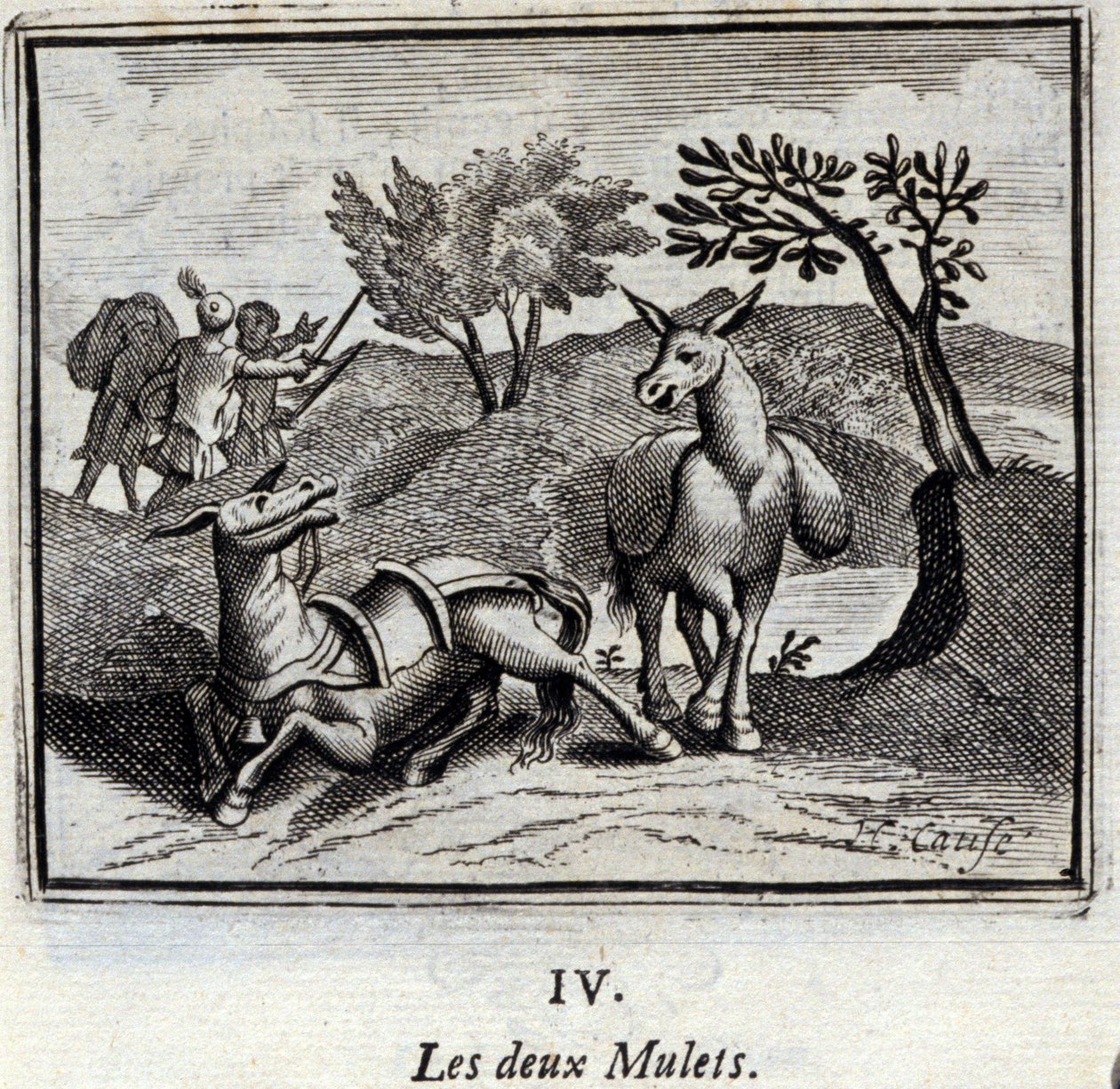 Kaksi muulia. Jean de La Fontainen (1621-95) sadut. Kuvitus: François Chauveau (1613-1676). Painos vuodelta 1728. tekijältä Francois Chauveau
