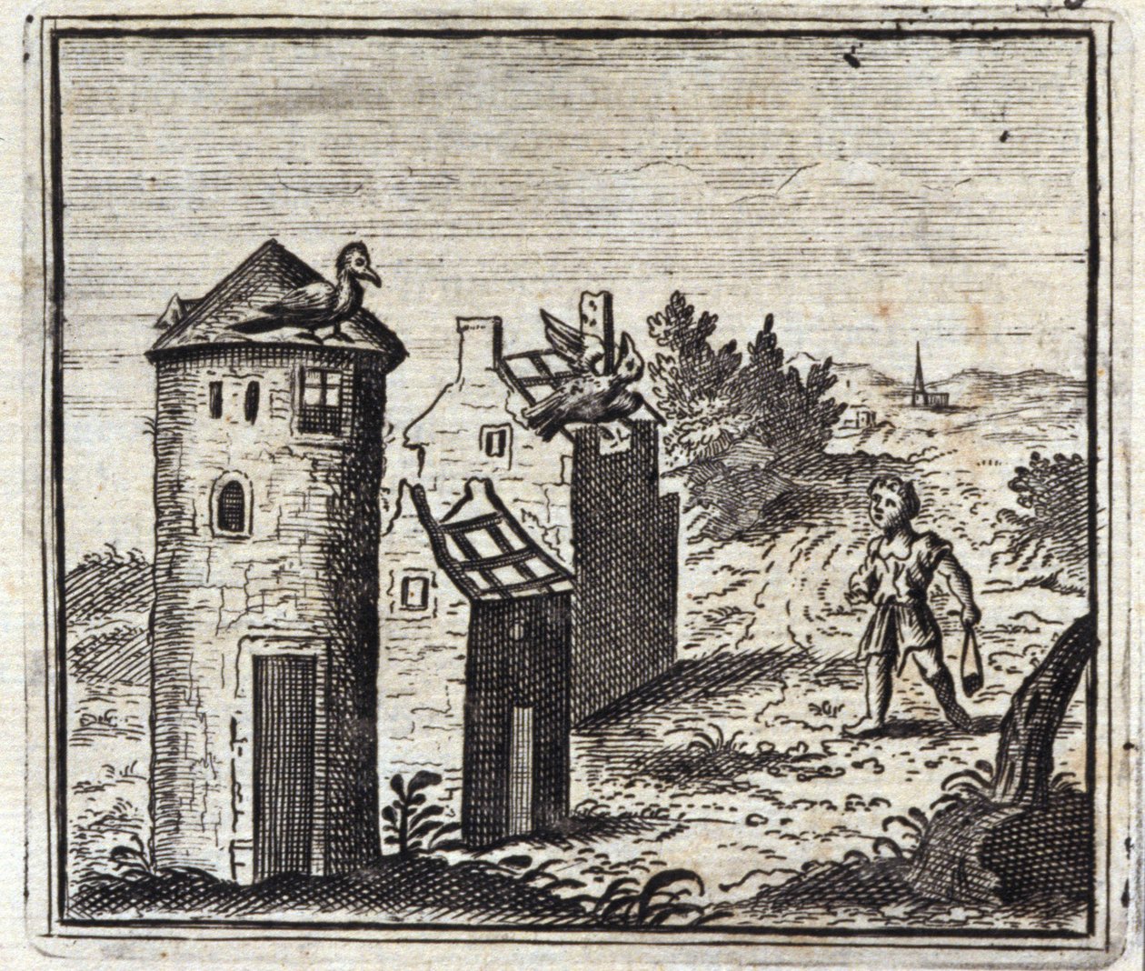 Kaksi kyyhkystä. Jean de La Fontainen (1621-95) sadut. Kuvitus: Francois Chauveau (1613-1676). Painos vuodelta 1728. tekijältä Francois Chauveau
