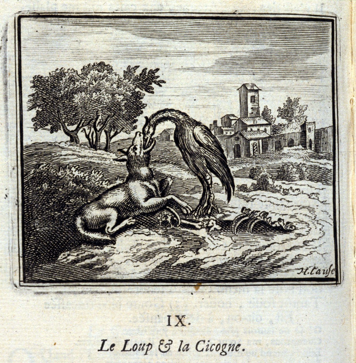 Susi ja haikara. Jean de La Fontainen (1621-95) sadut. Kuvitus: François Chauveau (1613-1676). Painos vuodelta 1728. tekijältä Francois Chauveau