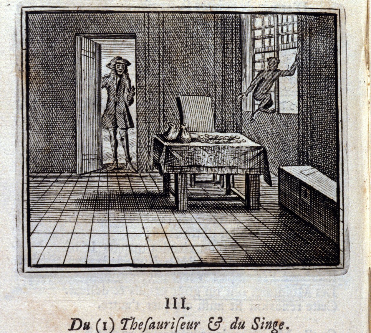 Thesaurizer ja Monkey. Jean de La Fontainen (1621-95) sadut. Kuvitus: Francois Chauveau (1613-1676). Painos vuodelta 1728. tekijältä Francois Chauveau