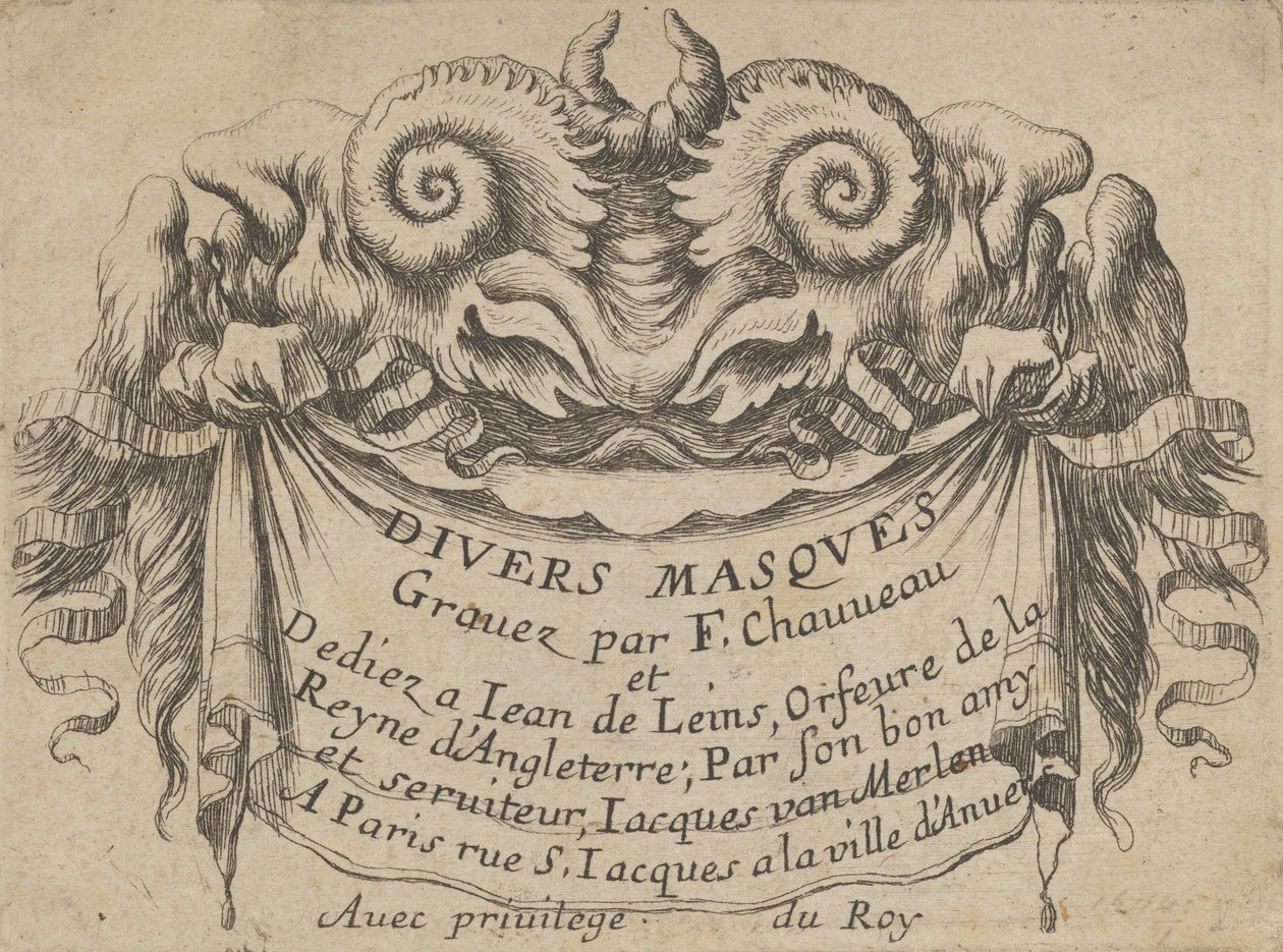 Nimikilpi kahdella satyyripäällä, Divers Masques, n. 1635-45. tekijältä Francois Chauveau