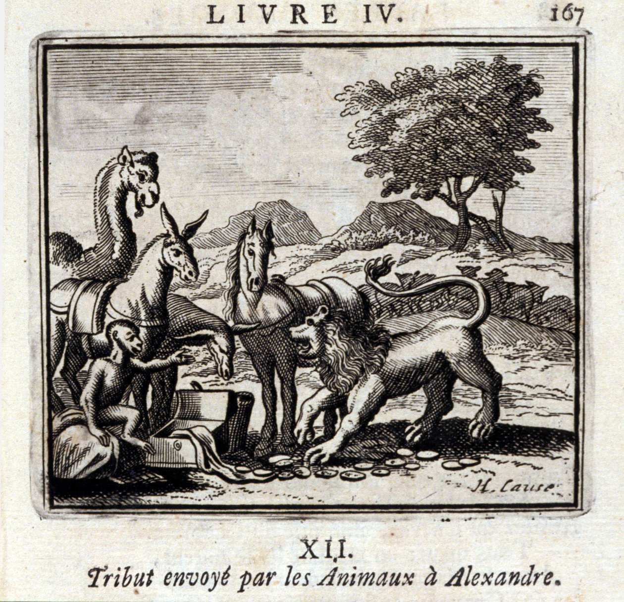 Eläinten lähettämä kunnianosoitus Aleksanterille. Jean de La Fontainen (1621-95) sadut. Kuvitus: François Chauveau (1613-1676). Painos vuodelta 1728. tekijältä Francois Chauveau