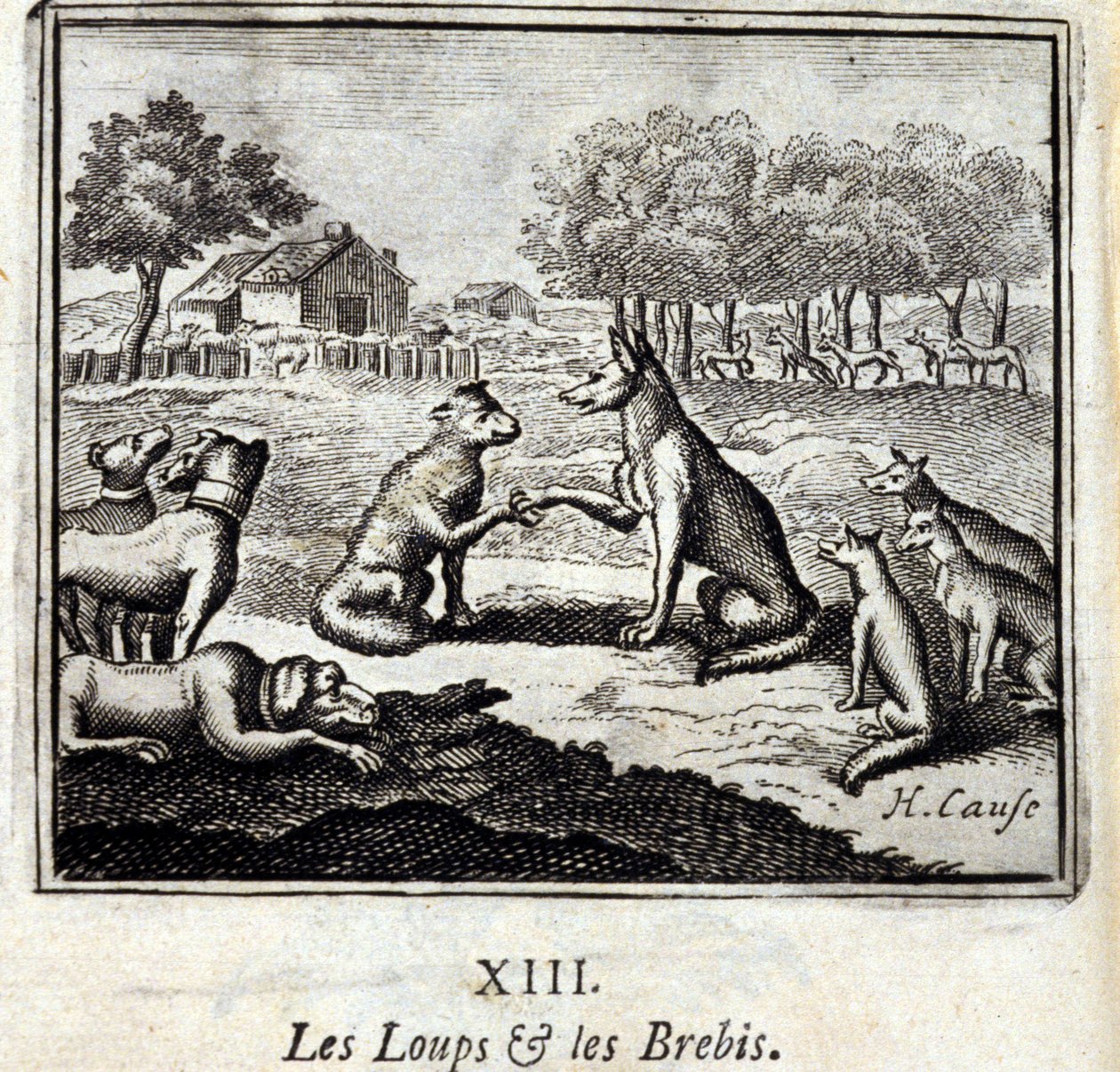 Sudet ja lampaat. Jean de La Fontainen (1621-95) sadut. Kuvitus: Francois Chauveau (1613-1676). Painos vuodelta 1728. tekijältä Francois Chauveau