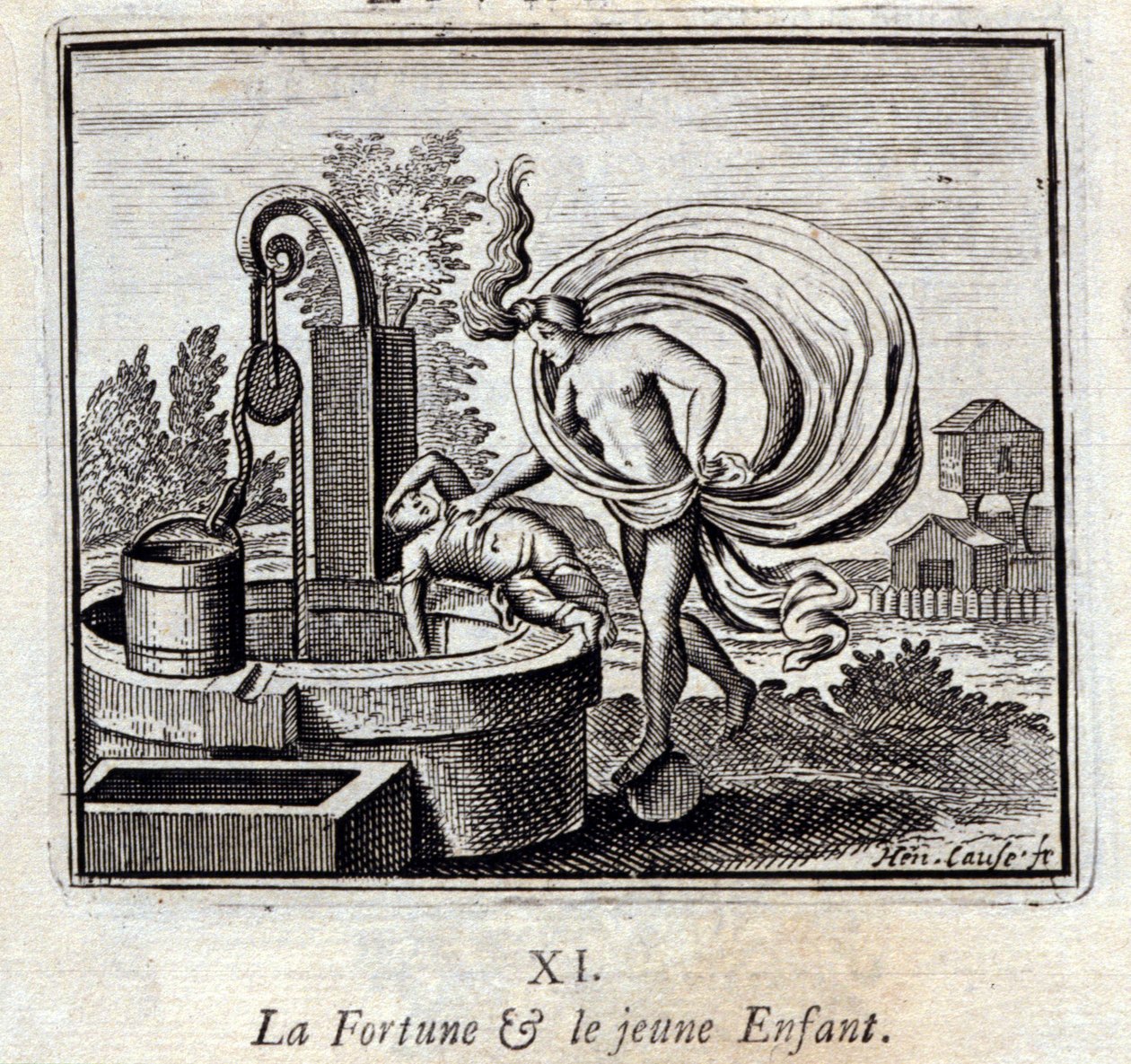 onni ja nuori lapsi. Jean de La Fontainen (1621-95) sadut. Kuvitus: François Chauveau (1613-1676). Painos vuodelta 1728. tekijältä Francois Chauveau