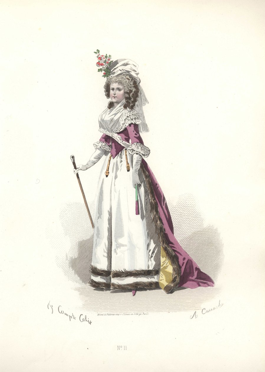 Nainen turkisreunustaisessa asussa, Marie Antoinette aikakaudelta. tekijältä Francois Claudius Compte Calix