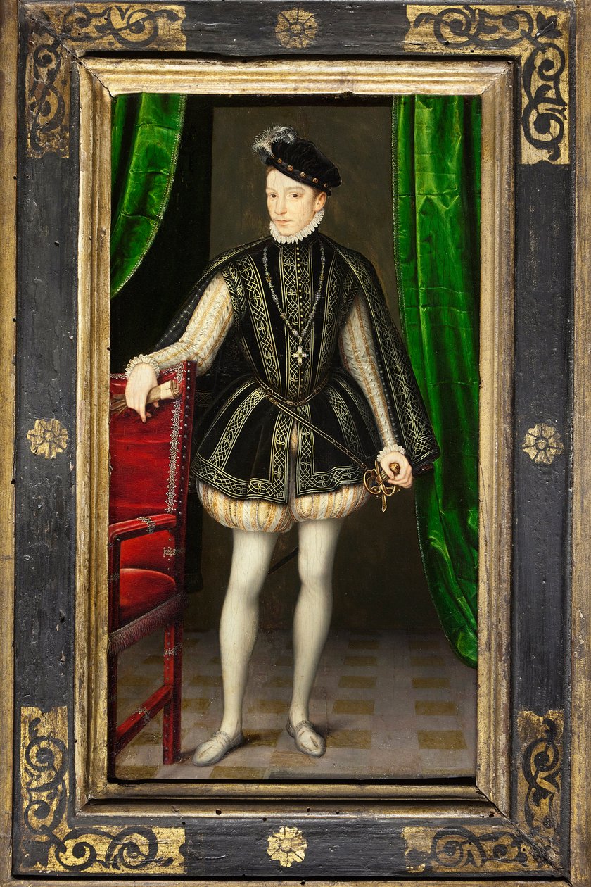 Kaarle IX:n (1550-1574) muotokuva, Henrik II:n ja Katariina de Mediciksen toinen poika, Ranskan kuningas veljensä kuoltua Francois II:ssa (1544-1560), meni naimisiin vuonna 1570 Itävallan Elisabetin (1554-1592) kanssa, Hänen hallituskautensa leimaavat usko tekijältä François Clouet