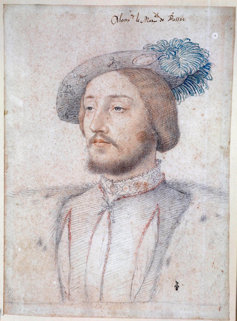 Charles de Cossen, Brissacin kreivin, Ranskan marsalkka (1506-1563) muotokuva (Cosse-Brissac). Piirustus lyijykynällä ja verellä: Francois Clouet (1515-1572). 1537. Conde Museum, Chantilly tekijältä François Clouet