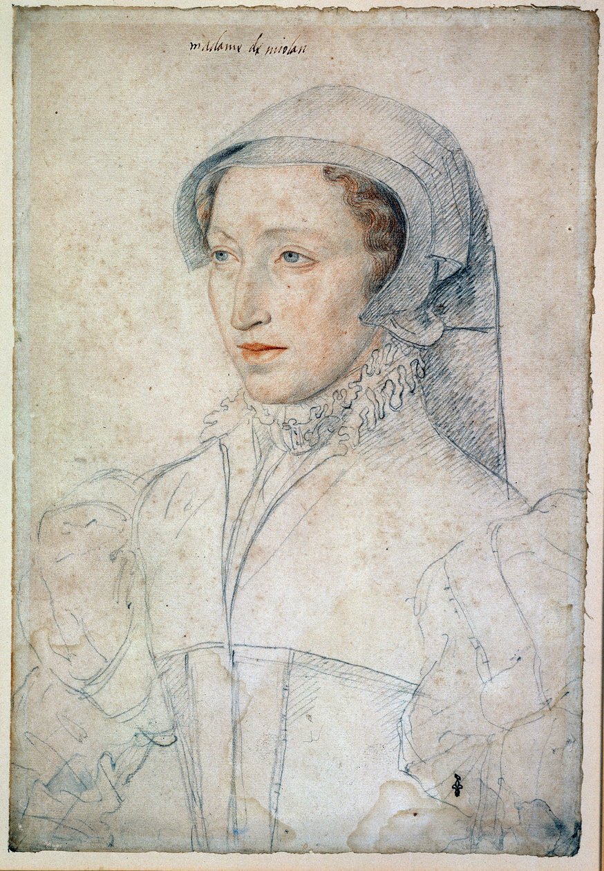 Françoise Mareschalin muotokuva Mitte-de-Miolansin puiston naisesta, Johannes III:n Miolansin vaimosta (noin 1520-1575). Catherine de Medicin kunniarouva. Piirustus mustalla kivellä ja verellä, kirjoittanut Francois Clouet (1515). tekijältä François Clouet