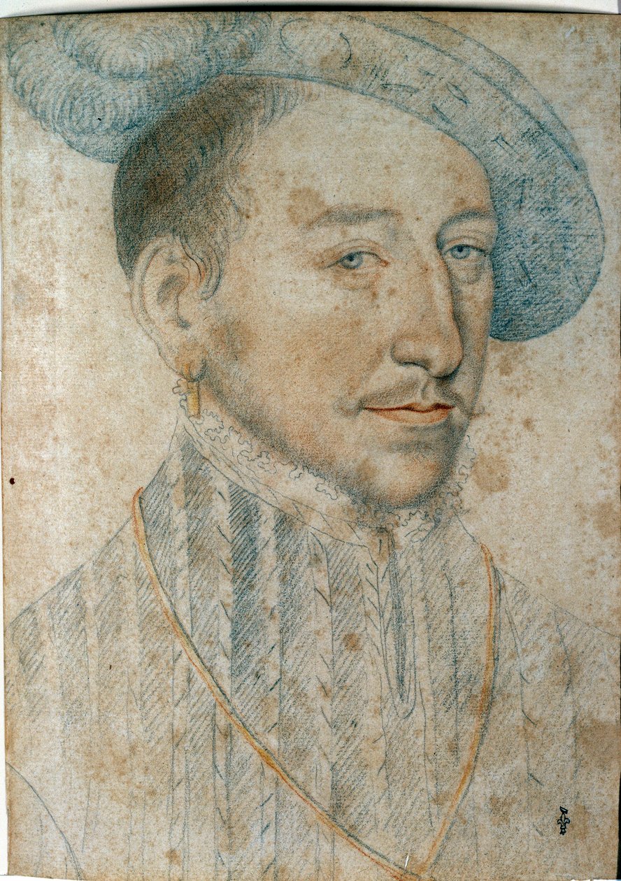 Henry II:n (1519 - 1559), Ranskan kuninkaan muotokuva. Francois Clouetin (1515-1572) piirustus mustalla kivellä ja verellä tekijältä François Clouet