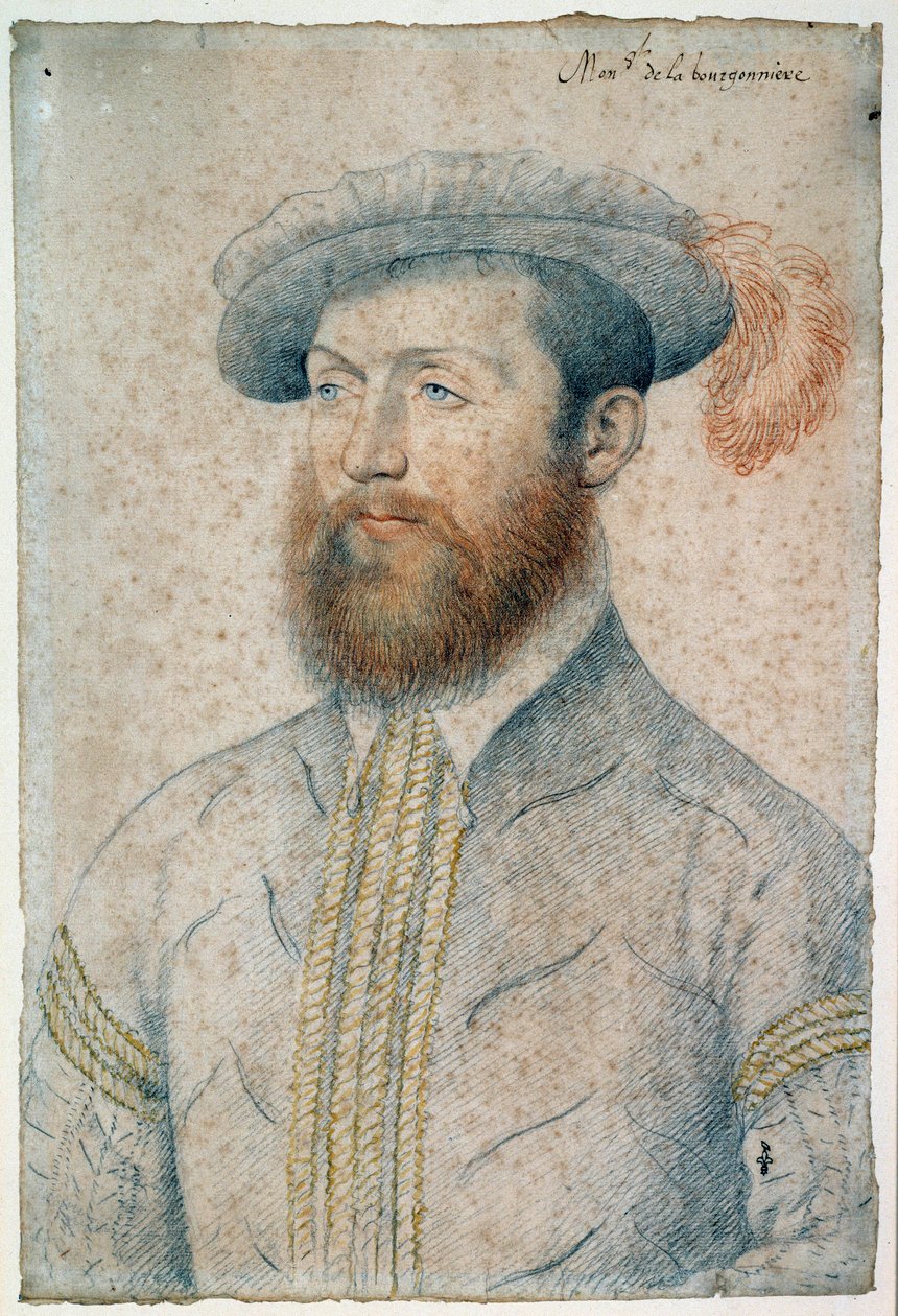 Jean Du Plessisin, Bourgonnieren herran (1525 - 1594) muotokuva. Veren ja mustan kiven piirtäminen, Francois Clouet (1515-1572) tekijältä François Clouet