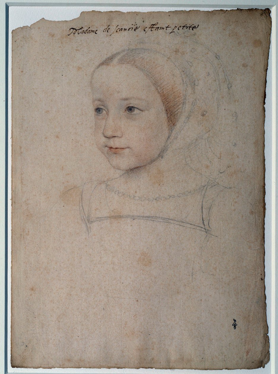 Marguerite de Francen (1523-1574) lapsen muotokuva, Savoyn herttuattaren Francois I:n tytär Piirustus mustalla kivellä, verellä, akvarelleilla, Francois Clouet (1515-1572) 1500-luvun Chantilly, Musee Conde tekijältä François Clouet