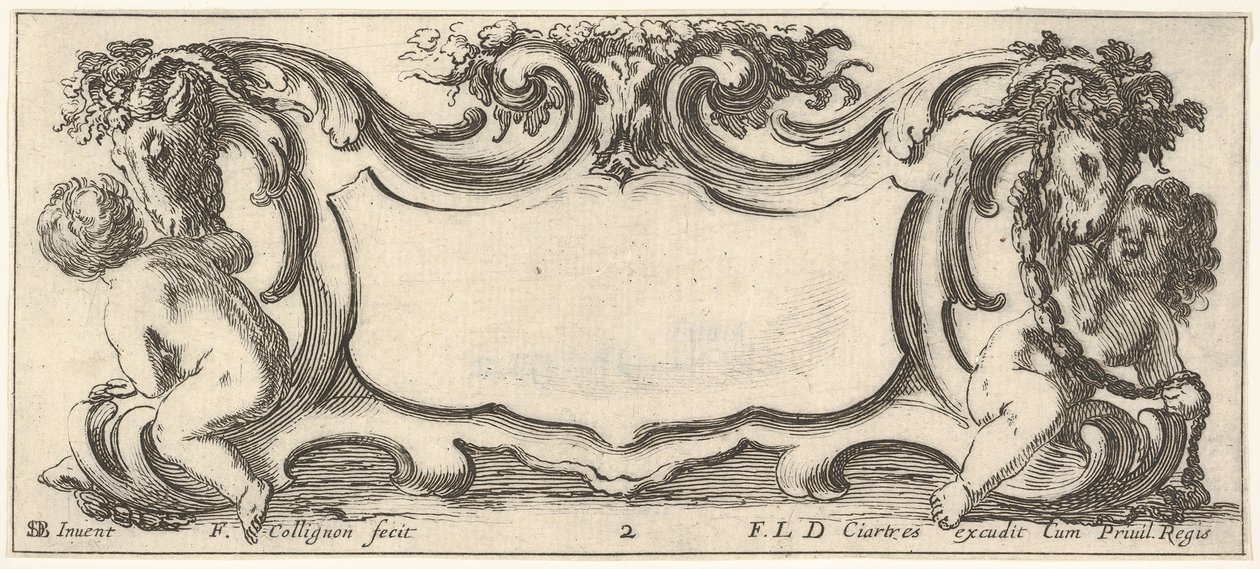 Levy 2: cartouche, jossa on lapsi takaa katsottuna vasemmalle ja lapsi katsottuna ..., n. 1640-45. tekijältä Francois Collignon