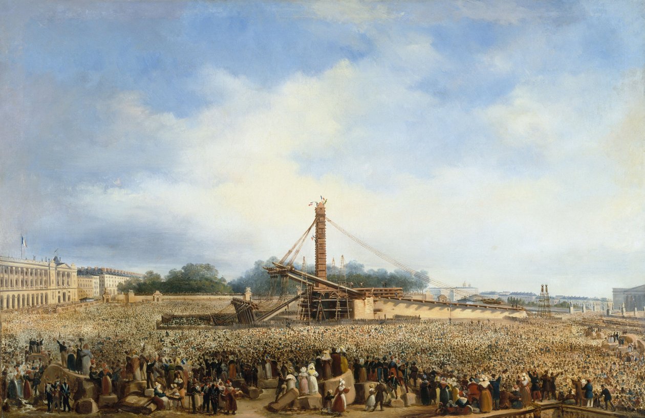 Louqsorin obeliskin pystyttäminen Place de la Concorde -aukiolle 25. lokakuuta. tekijältä Francois Dubois